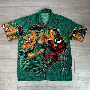 Y2K Spiderman VS Carnage Green Button Up Short Sleeve Shirt Hawaiian Size M